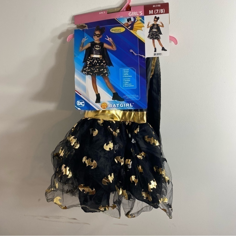 Batgirl Costume NEW Dress Medium 7/8 Eye Mask Black Gold Halloween Superhero